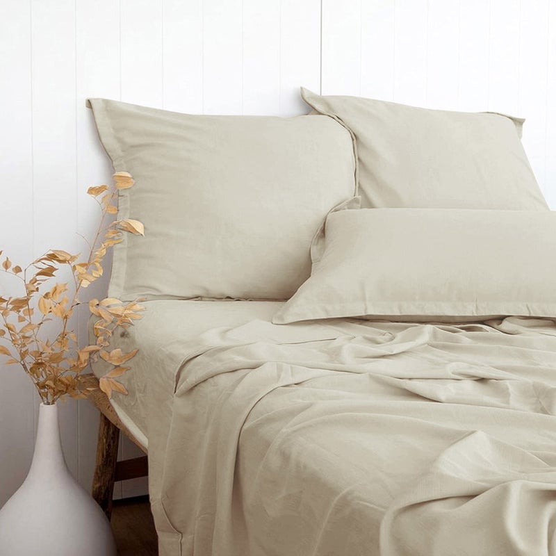 PANDATEX Beige Linen-Textured Bed Sheets Set, Bamboo Rayon, Cotton, Linen Blend Bed Sheets King Size, Soft Cool & Breathable for Hot Sleepers,Durable Natural Organic Bed 15'' Deep Pocket - 4 Piece - Image 1